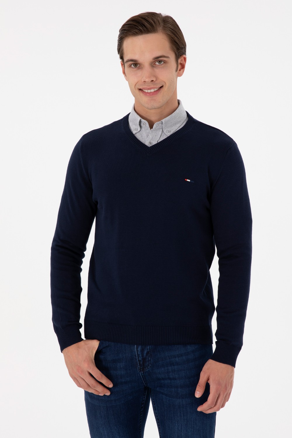 U.S. Polo Assn. Erkek Slim Fit V Yaka Taş Basic Kazak 50298283-VR049