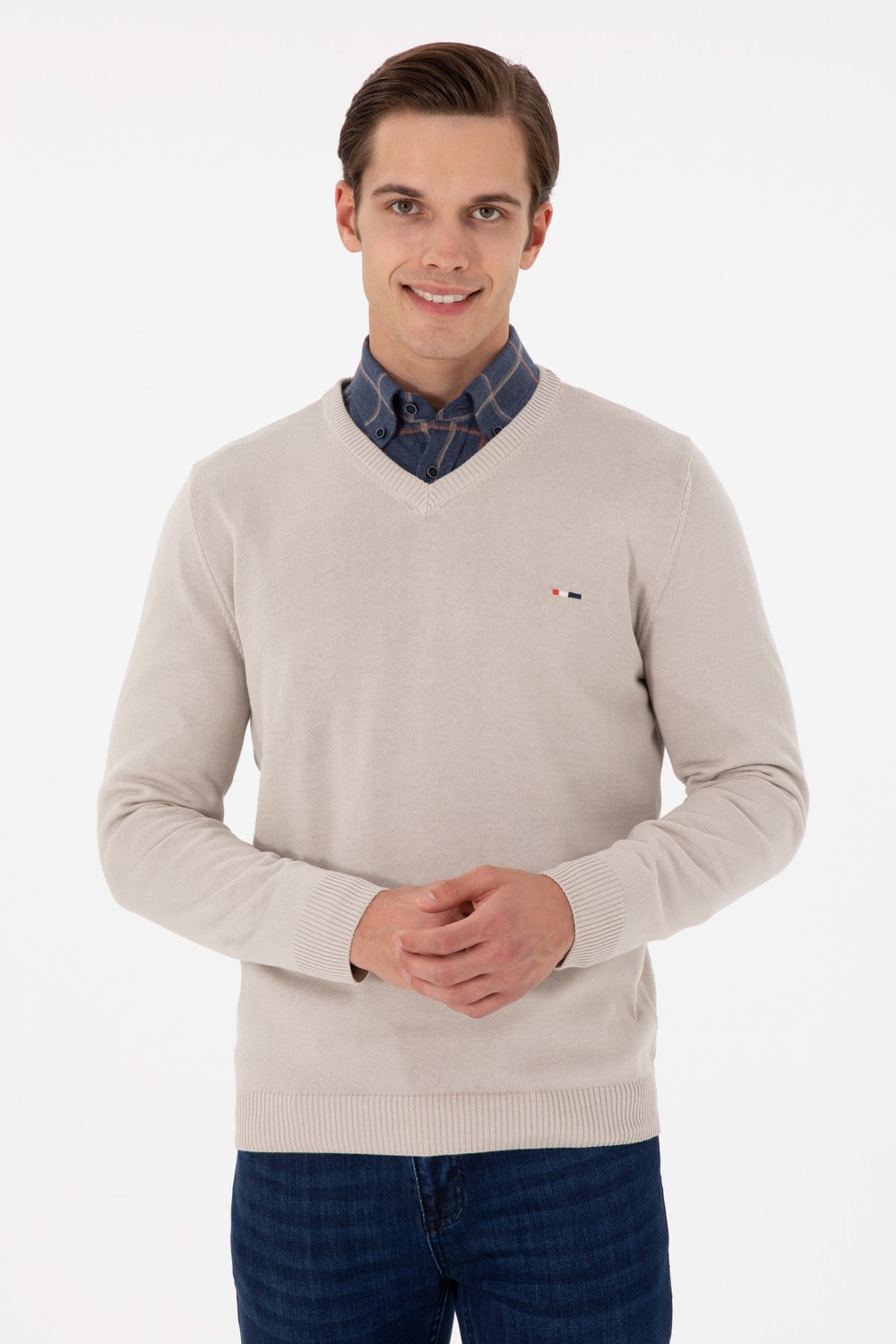 U.S. Polo Assn. Erkek Slim Fit V Yaka Taş Basic Kazak 50298283-VR049