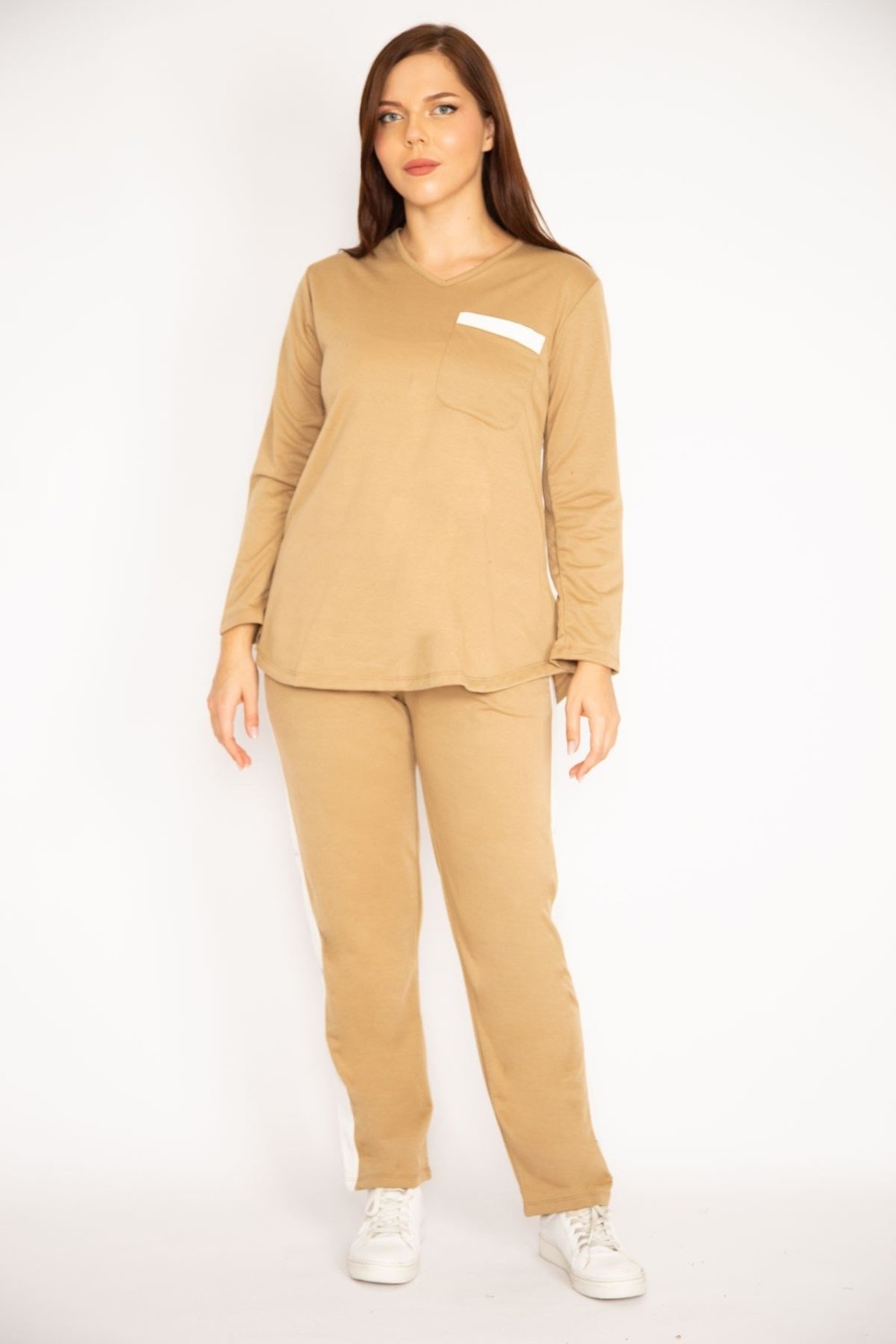 Şans Kadın Camel V Yakallı Bluz Pantolon Takım 65N34658 görsel 4