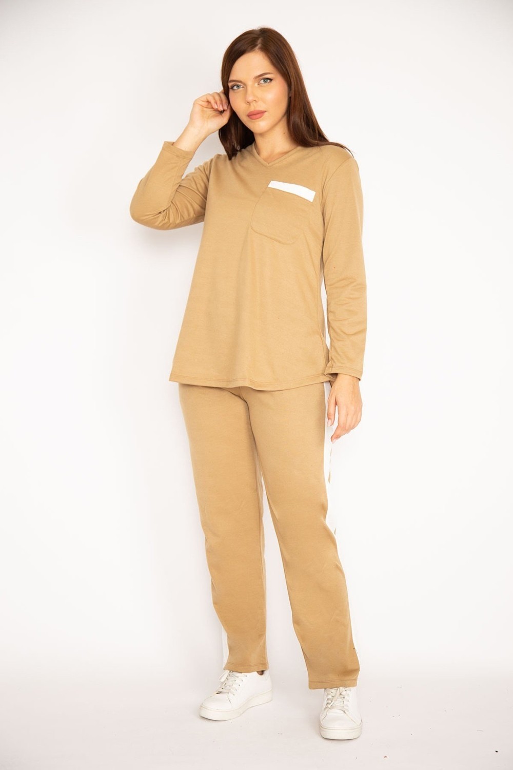Şans Kadın Camel V Yakallı Bluz Pantolon Takım 65N34658 görsel 5