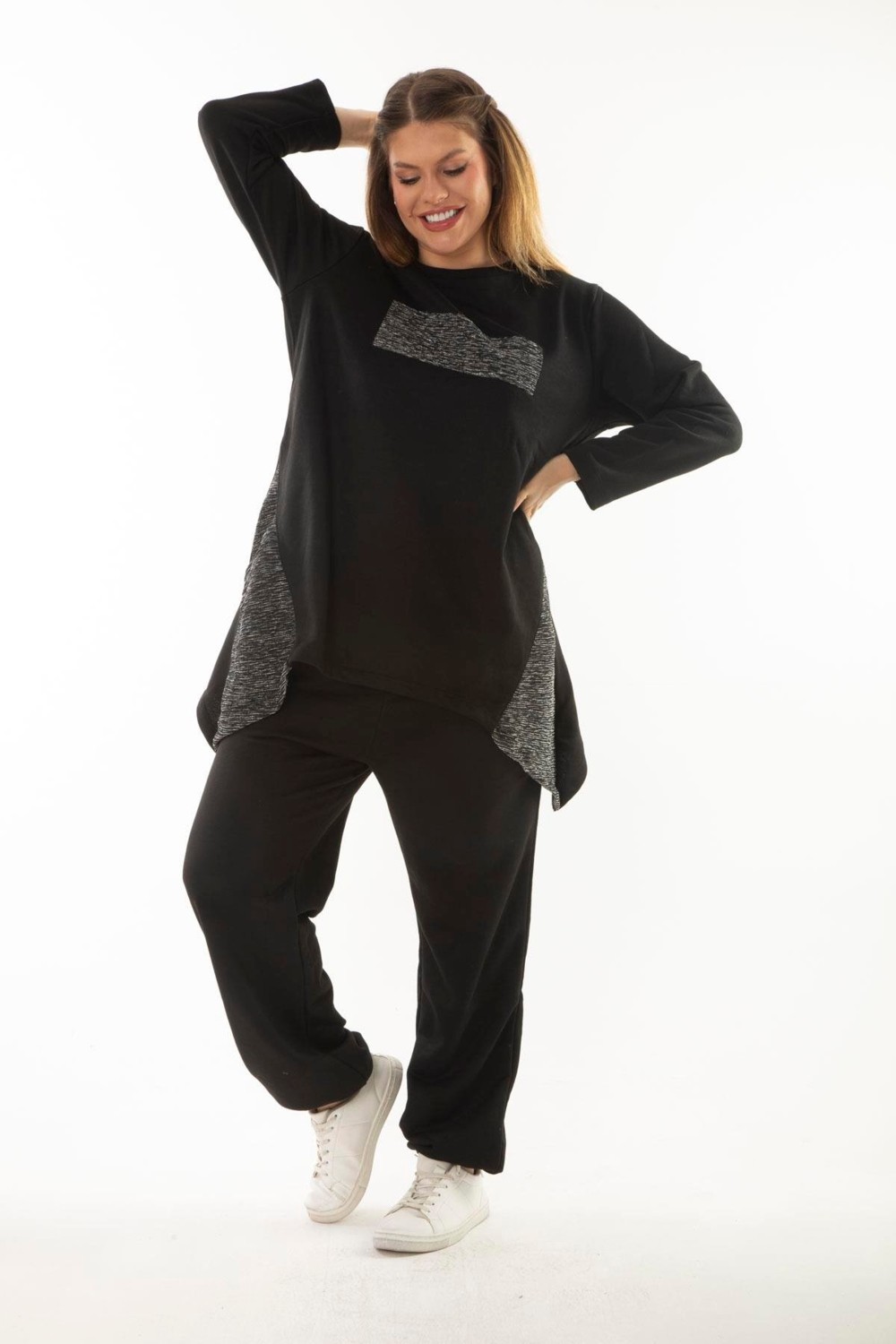 Şans Kadın Büyük Beden Siyah Sim Detaylı Sweatshirt Pantolon Ikili Takım 65N37054 görsel 2