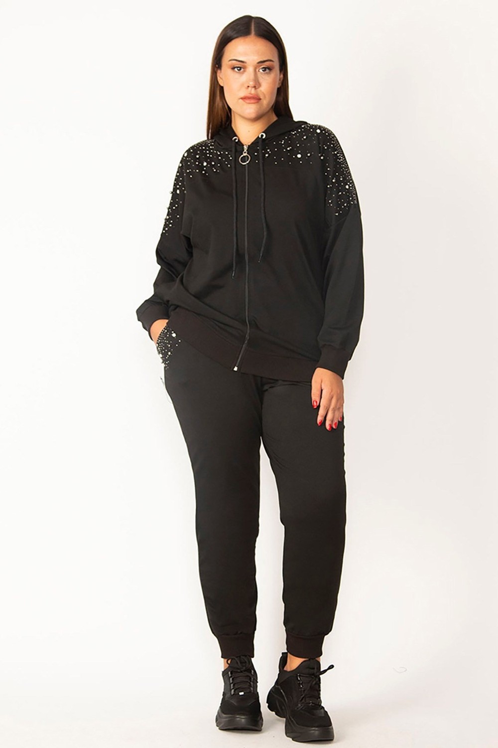 Şans Kadın Büyük Beden Saks Ön Fermuarlı Taş Detaylı Kapşonlu Sweatshirt Pantolon Ikili Takım 26A28091