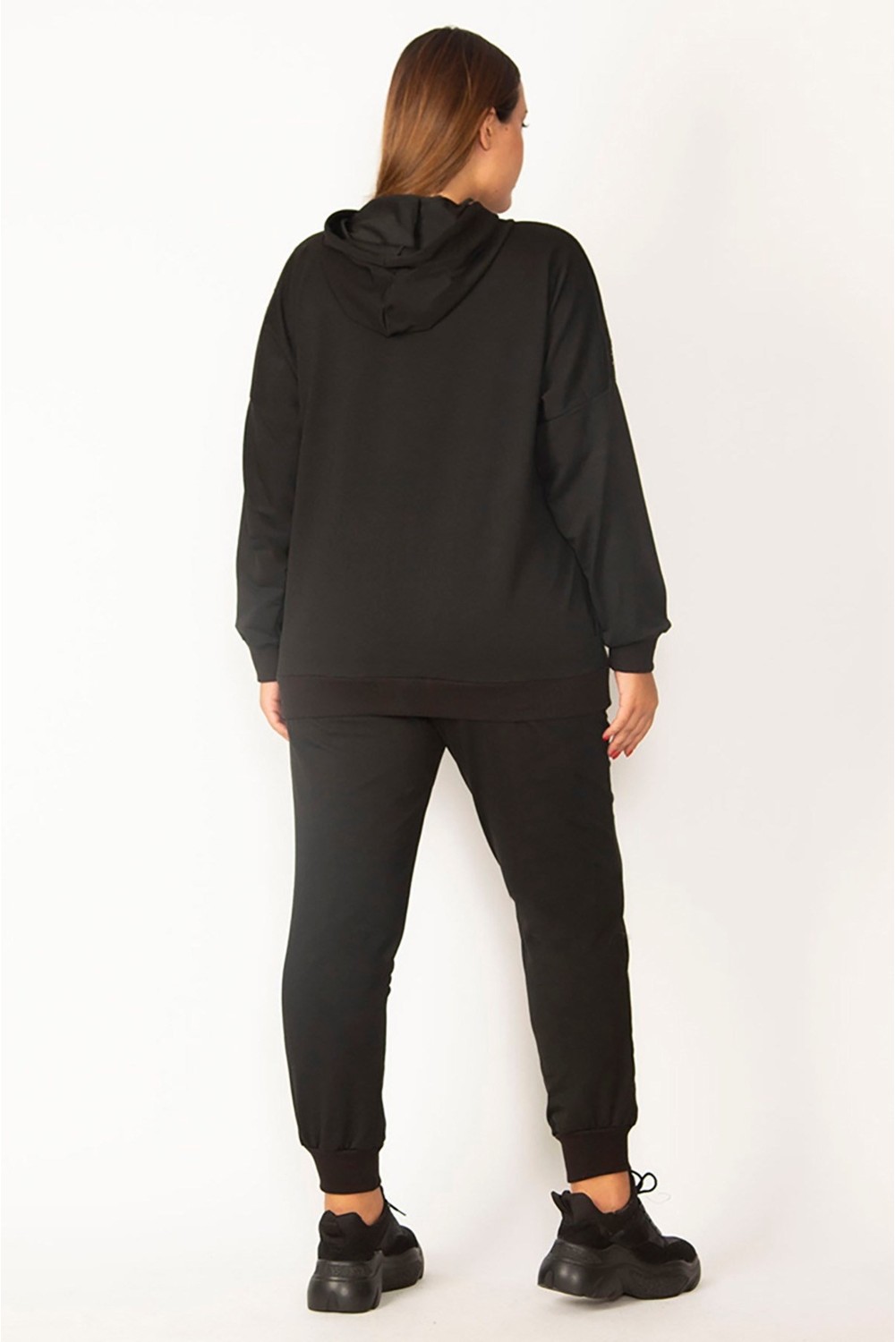 Şans Kadın Büyük Beden Saks Ön Fermuarlı Taş Detaylı Kapşonlu Sweatshirt Pantolon Ikili Takım 26A28091 görsel 2