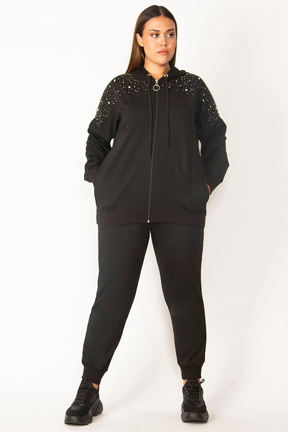 Şans Kadın Büyük Beden Saks Ön Fermuarlı Taş Detaylı Kapşonlu Sweatshirt Pantolon Ikili Takım 26A28091 görsel 3