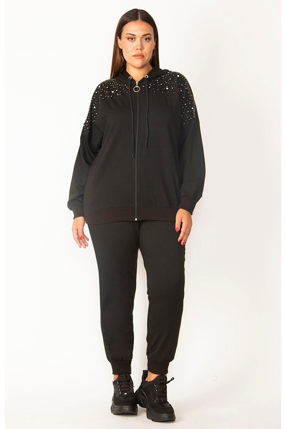 Şans Kadın Büyük Beden Saks Ön Fermuarlı Taş Detaylı Kapşonlu Sweatshirt Pantolon Ikili Takım 26A28091 görsel 4