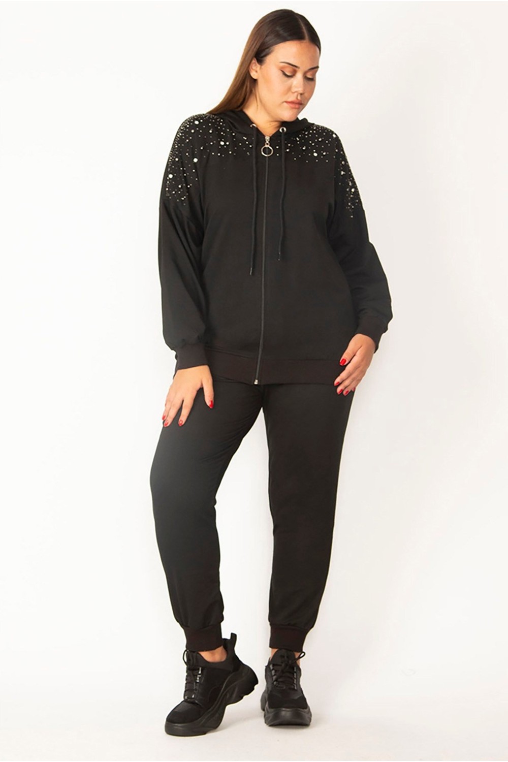 Şans Kadın Büyük Beden Saks Ön Fermuarlı Taş Detaylı Kapşonlu Sweatshirt Pantolon Ikili Takım 26A28091 görsel 8