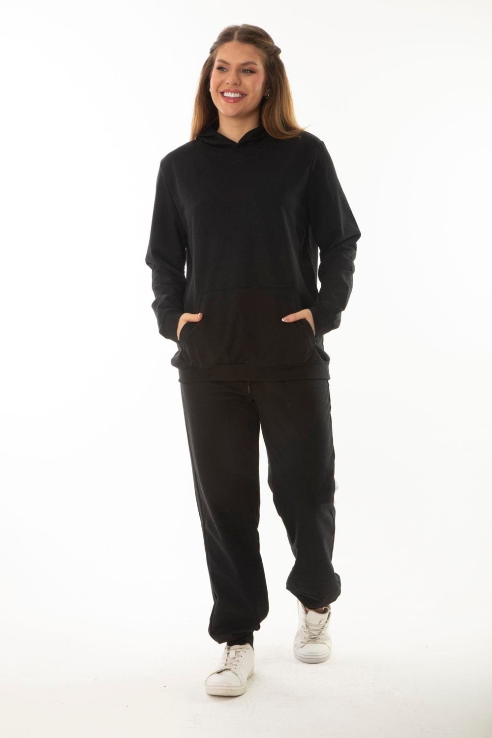 Şans Kadın Büyük Beden Siyah Kanguru Cep ve Kapşonlu Sweatshirt Pantolon Iliki Takım 65N37053 görsel 3