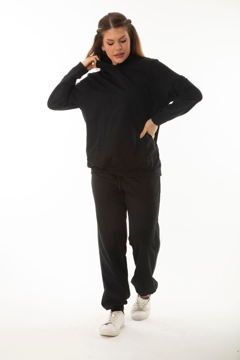 Şans Kadın Büyük Beden Siyah Kanguru Cep ve Kapşonlu Sweatshirt Pantolon Iliki Takım 65N37053 görsel 5