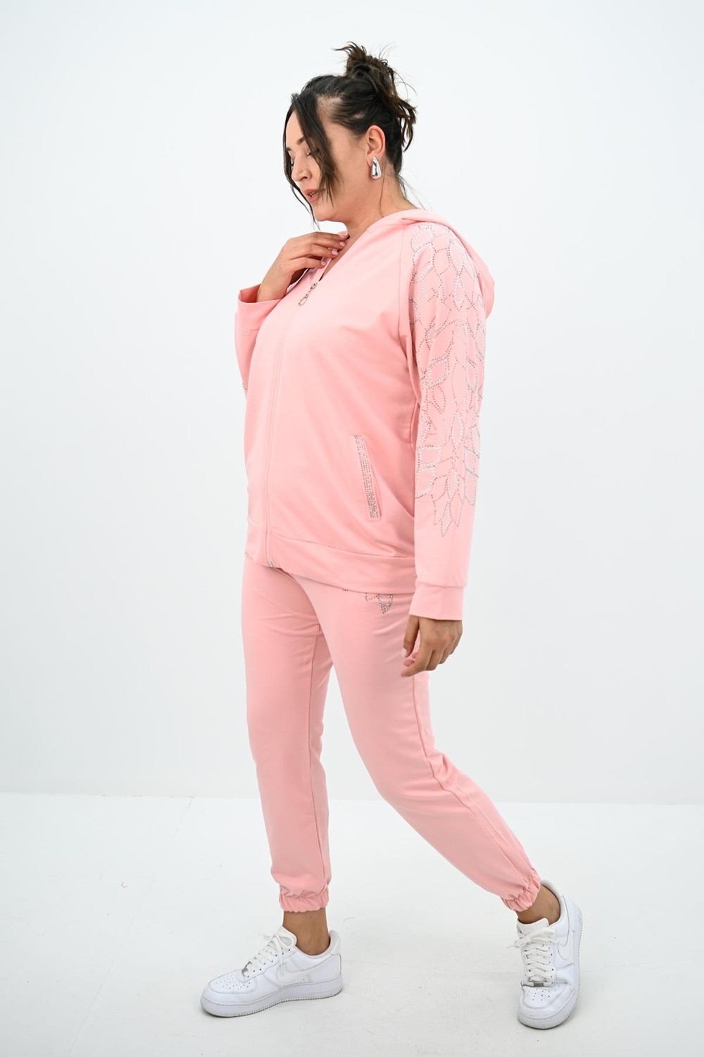 Moda Xlarge Kadın Büyük Beden Kapüşonlu Taş Süsleme Detaylı Eşofman Takımı 8129-25 görsel 4