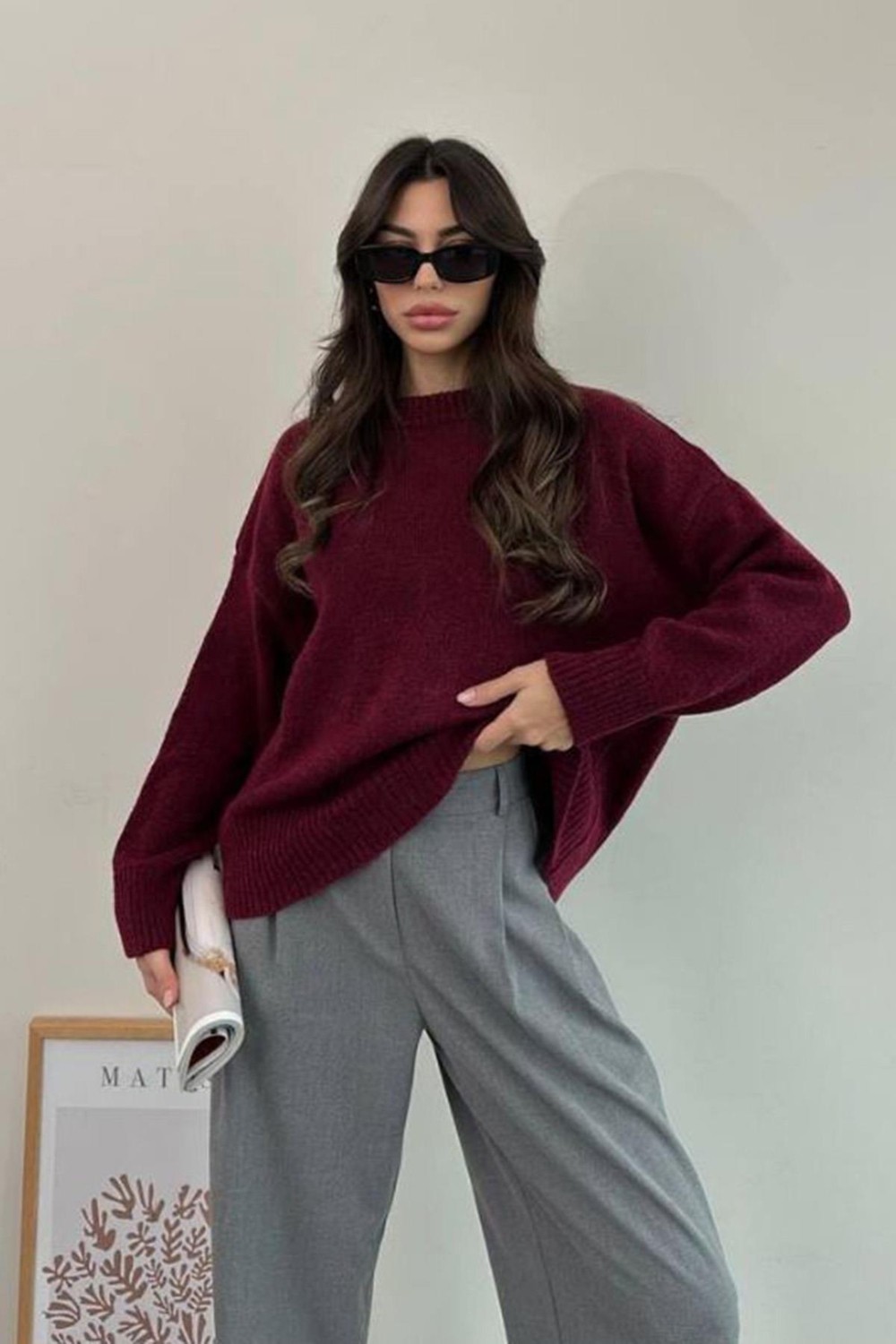 Madmext Kadın Kırmızı Oversize Triko Kazak Fermuarlı Yaka Günlük Stil MG1972
