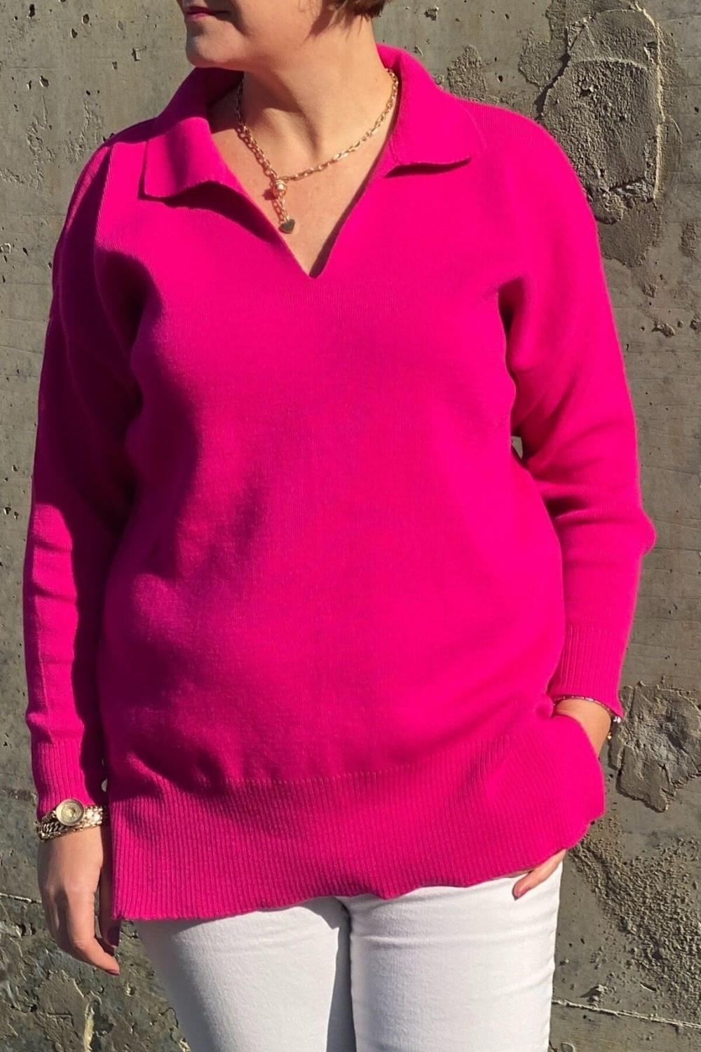 Mia Butik Büyük Beden Fuşya Polo Yaka Triko Bluz