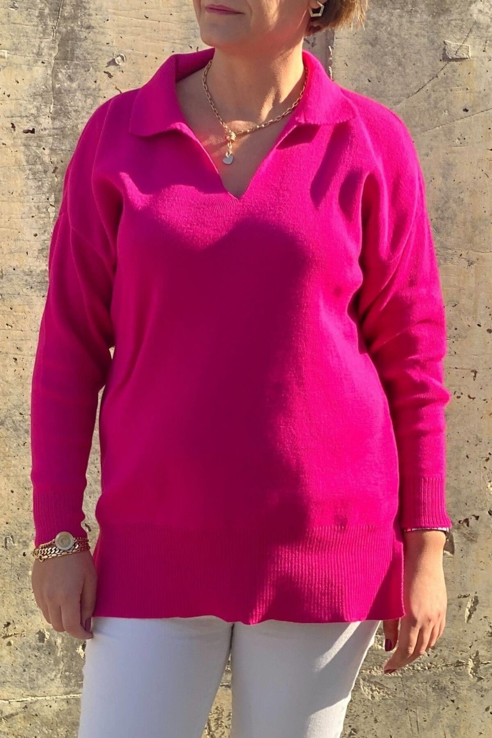 Mia Butik Büyük Beden Fuşya Polo Yaka Triko Bluz görsel 3
