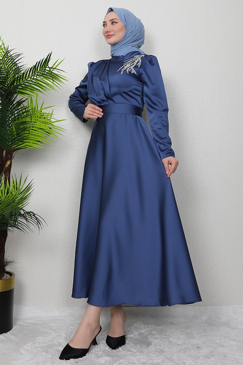 Giza Store Omzu Taşlı Saten Abiye Koyu Indigo görsel 6