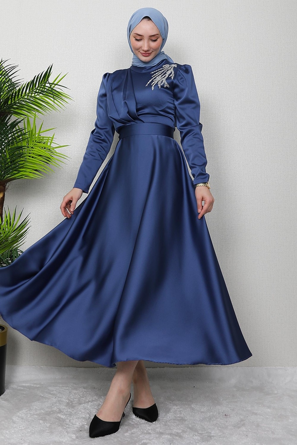 Giza Store Omzu Taşlı Saten Abiye Koyu Indigo görsel 7
