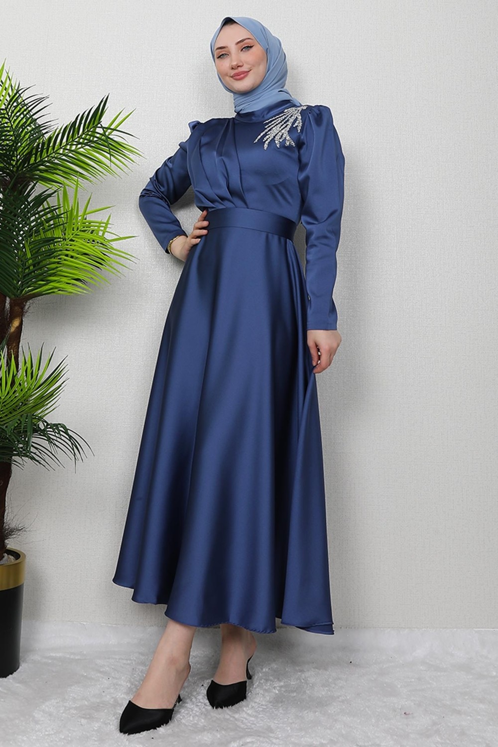 Giza Store Omzu Taşlı Saten Abiye Koyu Indigo görsel 8