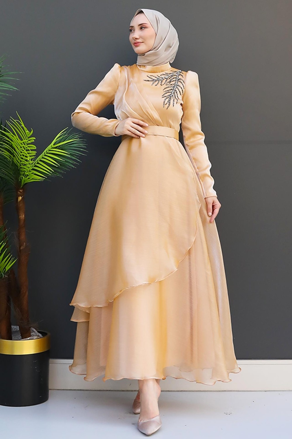 Giza Store Taşlı Organze Abiye Fuşya