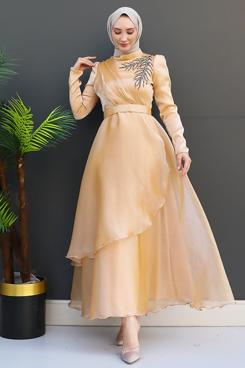 Giza Store Taşlı Organze Abiye Fuşya görsel 2