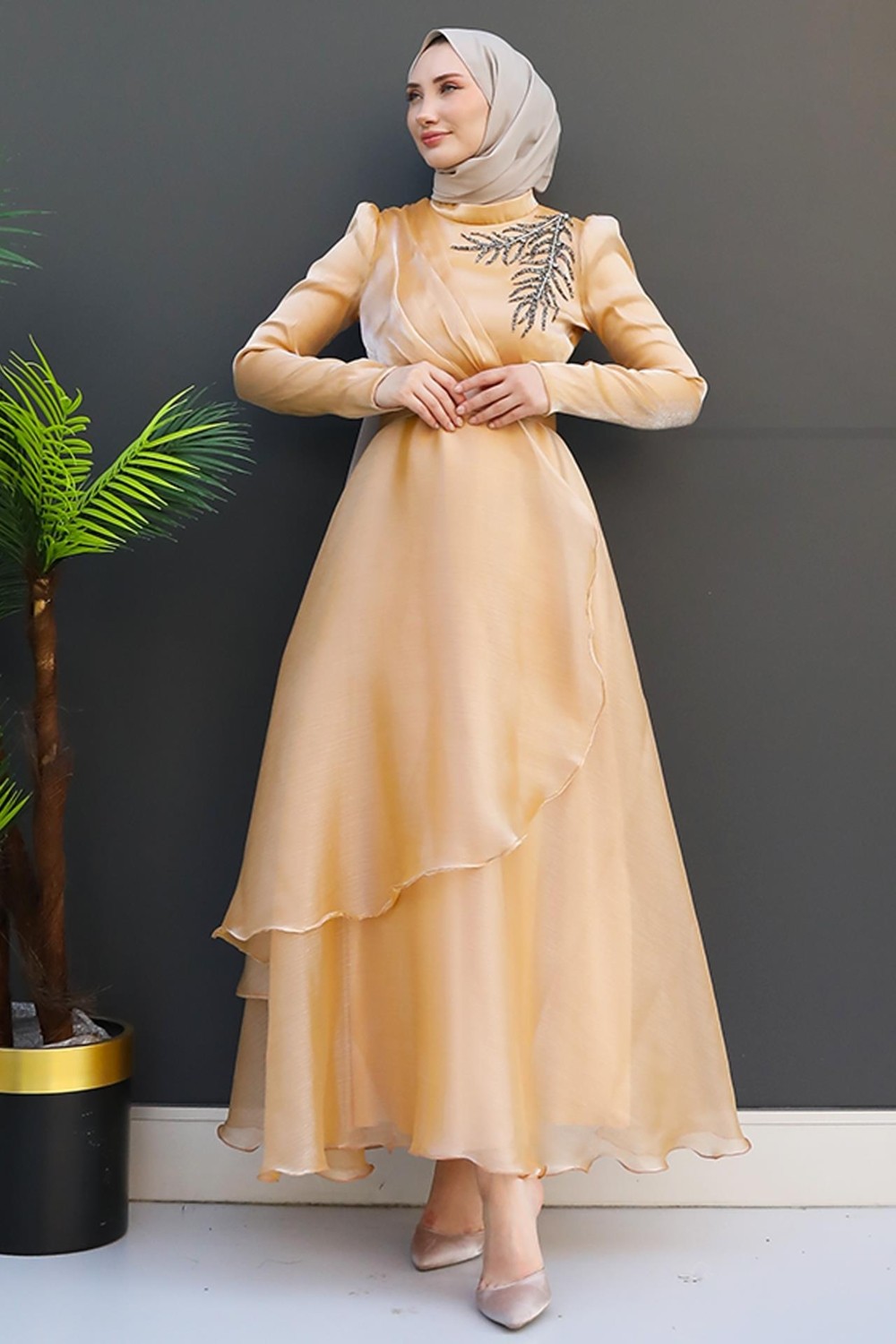 Giza Store Taşlı Organze Abiye Fuşya görsel 3