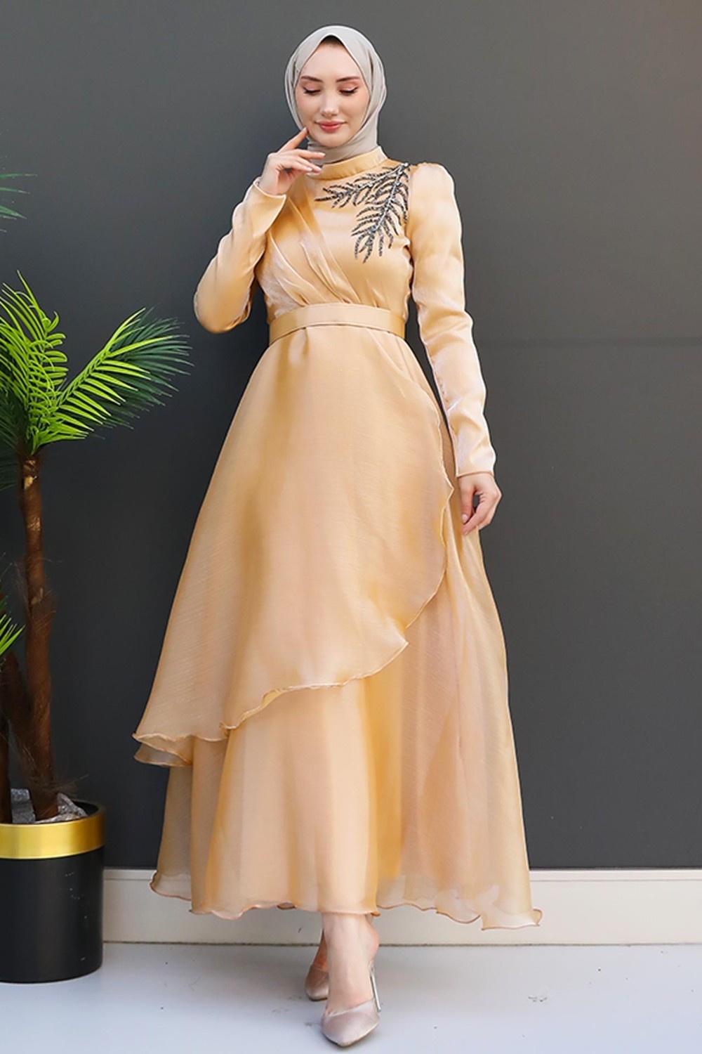Giza Store Taşlı Organze Abiye Fuşya görsel 4