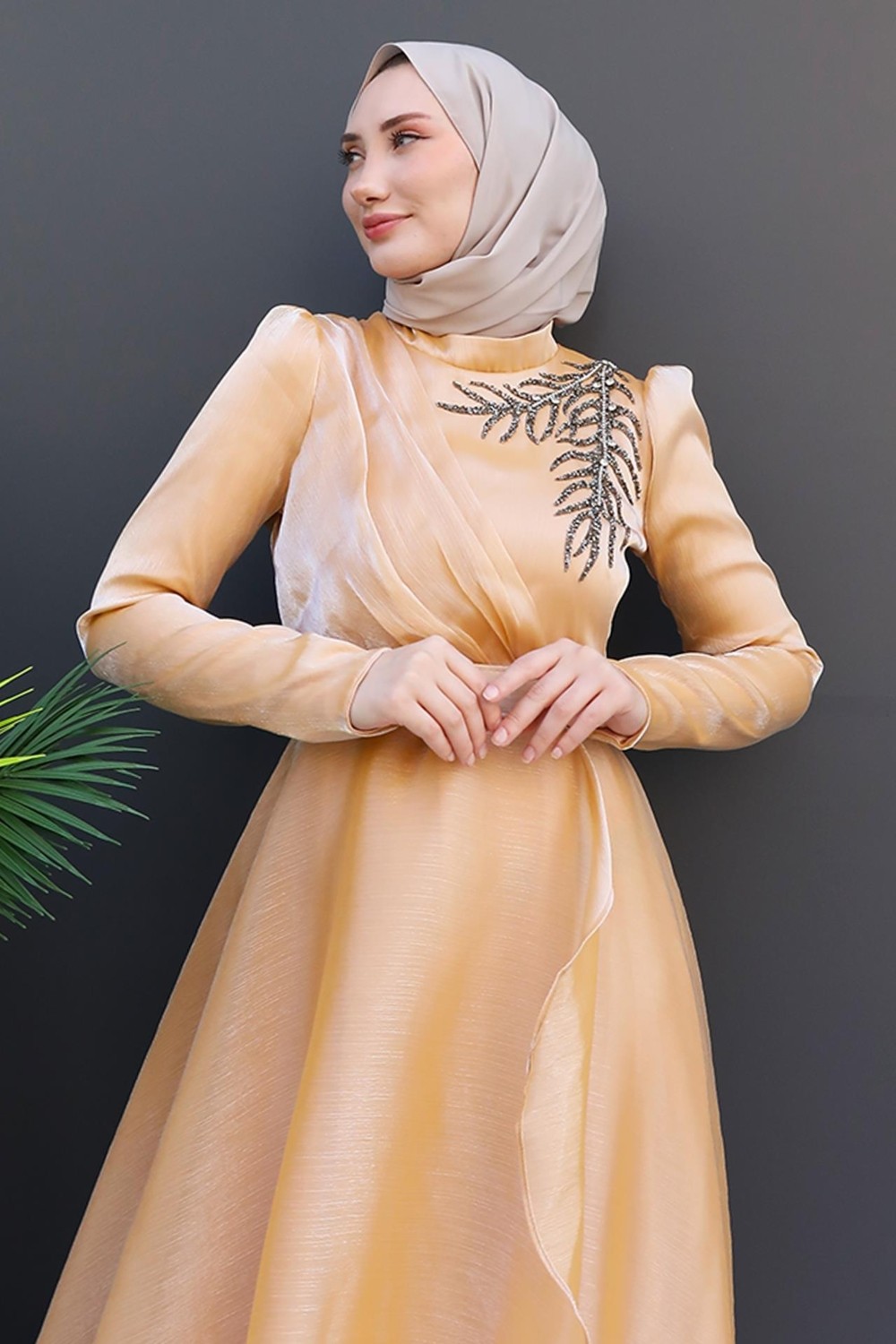 Giza Store Taşlı Organze Abiye Fuşya görsel 5