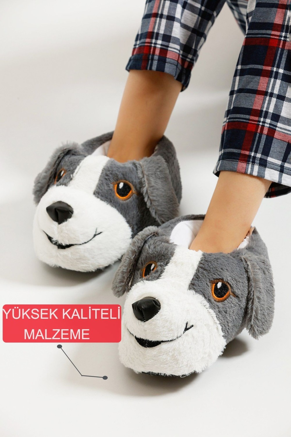 Devida Orjinal Yumuşak Taban Kadın Sevimli Köpek Panduf Gri - Beyaz Desenli Konforlu Ayakkabı görsel 3