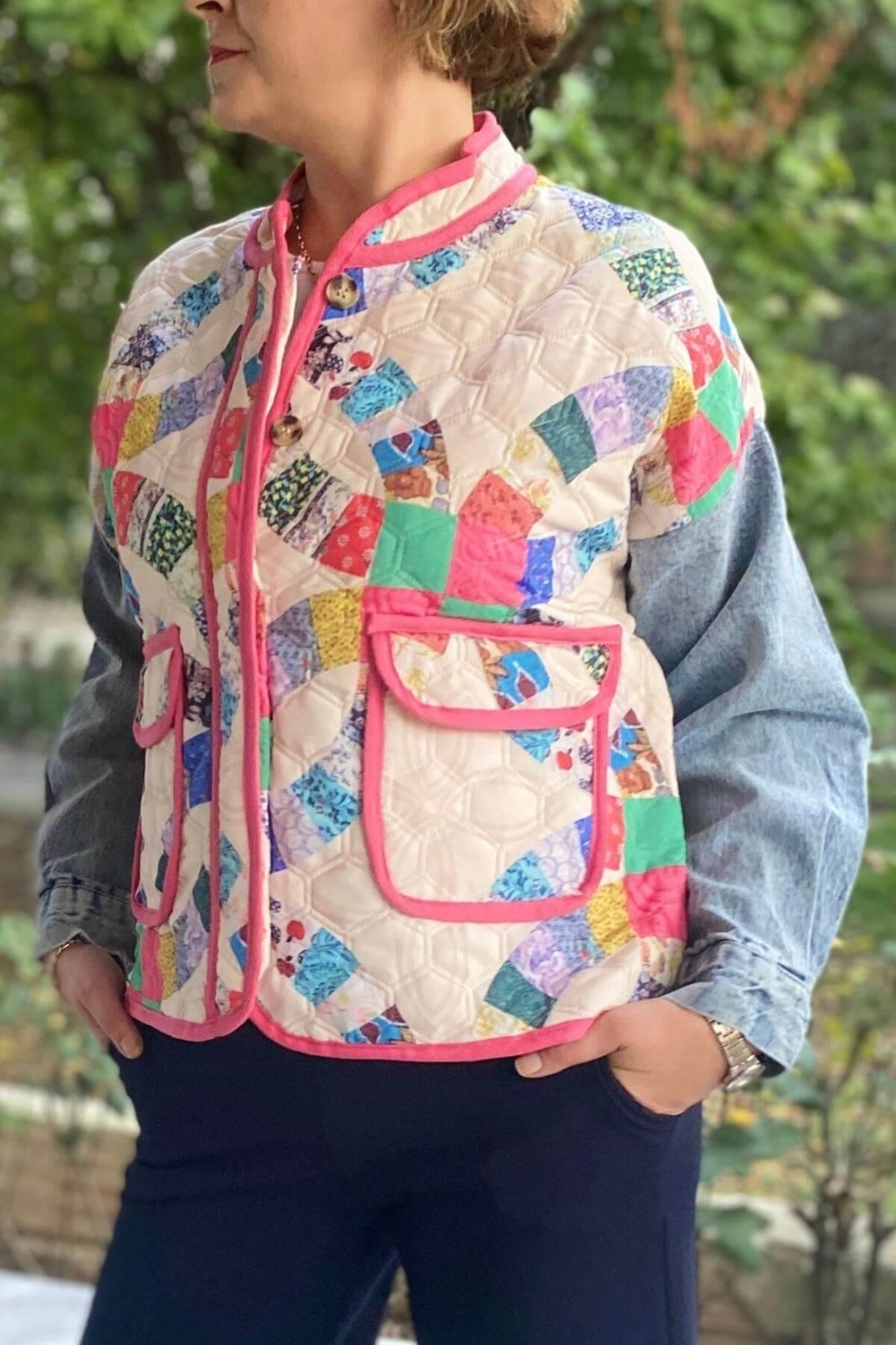 Mia Butik Kadın Krem Patchwork Desenli Ceket görsel 2