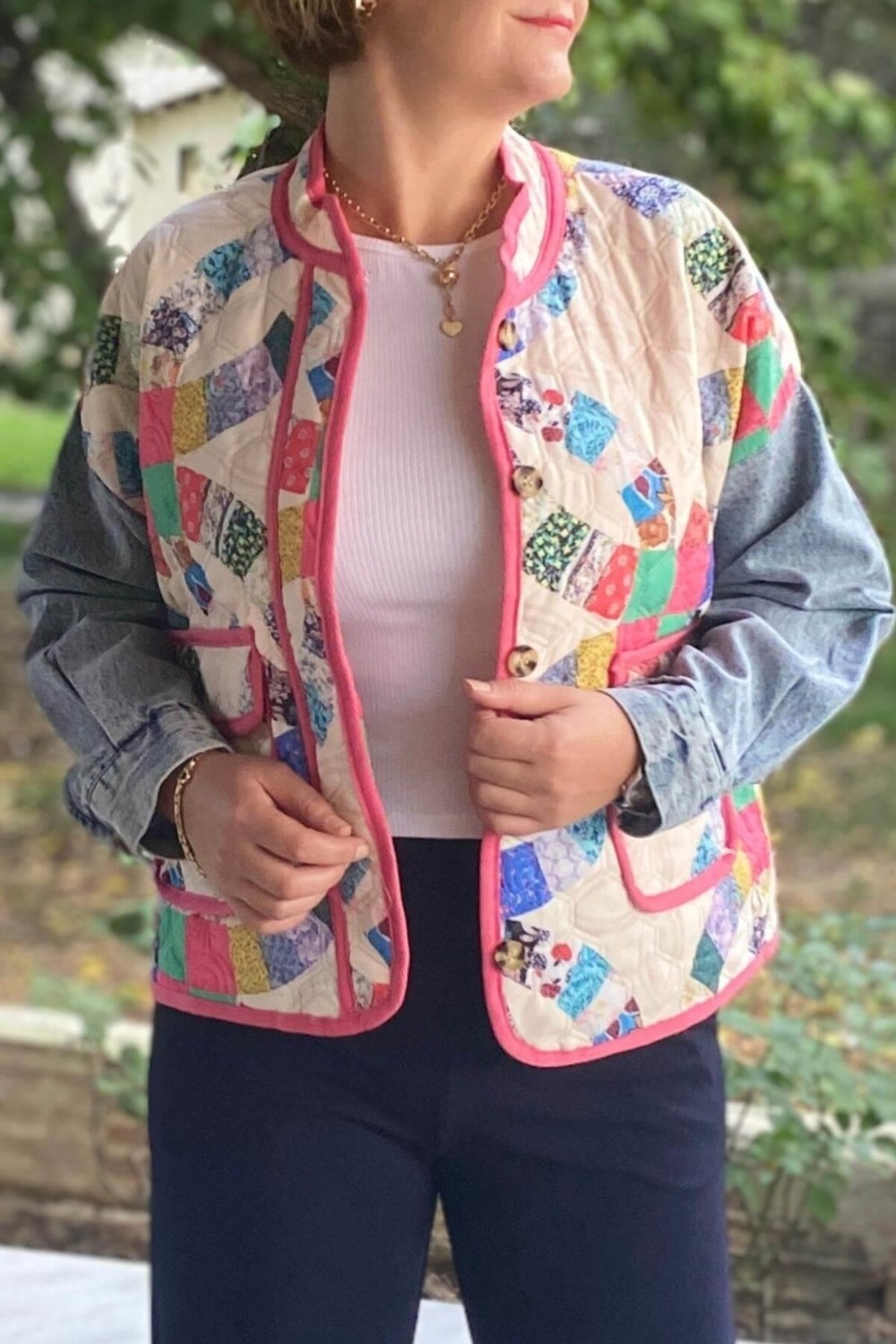 Mia Butik Kadın Krem Patchwork Desenli Ceket görsel 3