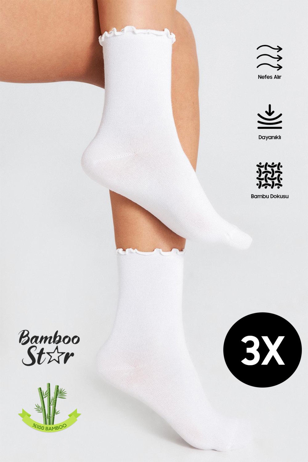 Bamboo Star Bambu Kadın Fırfırlı Lastiksiz Dikişsiz Kadın Soket 3lü Asorti Çorap/iz Bırakmaz Sıkmayan Çorap