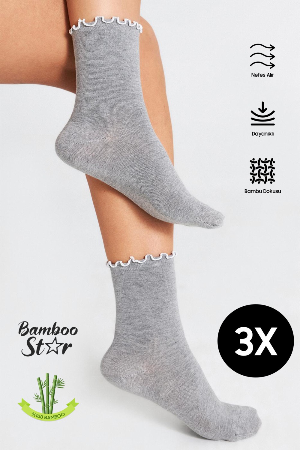 Bamboo Star Bambu Kadın Fırfırlı Lastiksiz Dikişsiz Kadın Soket 3lü Asorti Çorap/iz Bırakmaz Sıkmayan Çorap