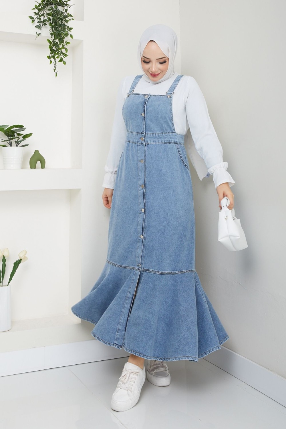 Pamuk Butik Kadın Eteği Volanlı Elbise Kot Salopet -PMK376 görsel 4