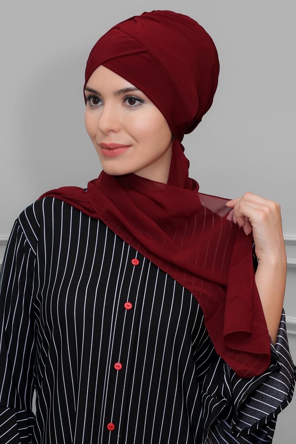 Hürrem Bone Pembe Pratik Hazır Geçmeli Tesettür Bone Sandy Kumaş Çapraz Büzgülü Şifon Atkılı 1801A_04 görsel 5