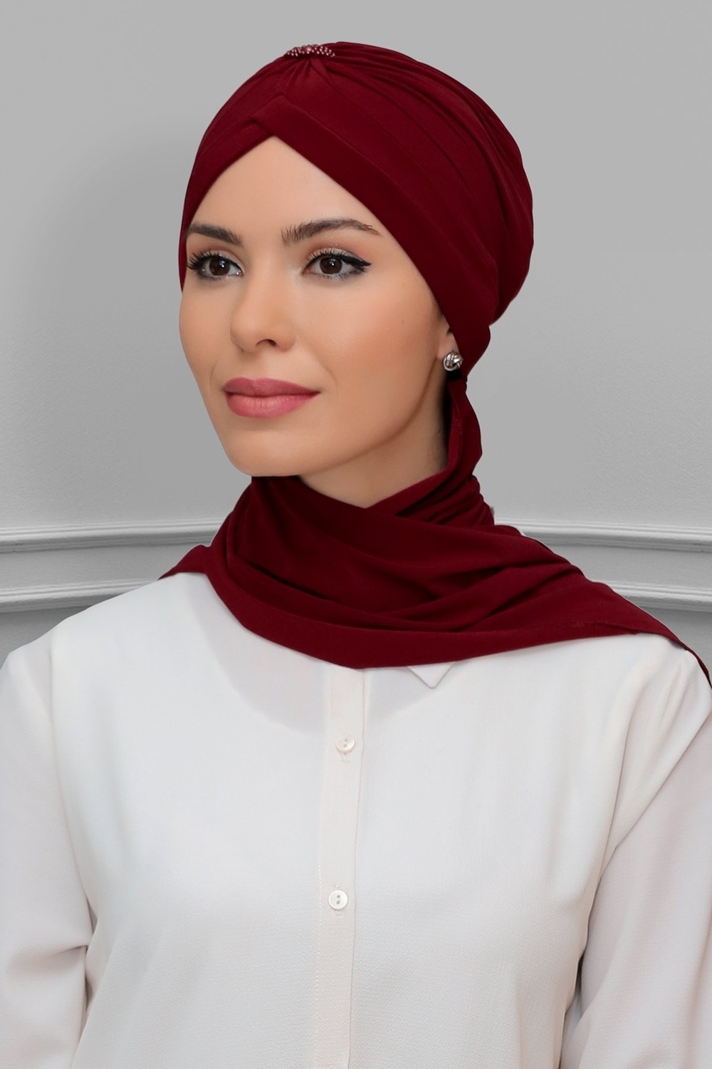Hürrem Bone Haki Pratik Hazır Geçmeli Tesettür Bone Sandy Kumaş Taçlı Büzgülü Şifon Atkılı 1208A_09 görsel 7