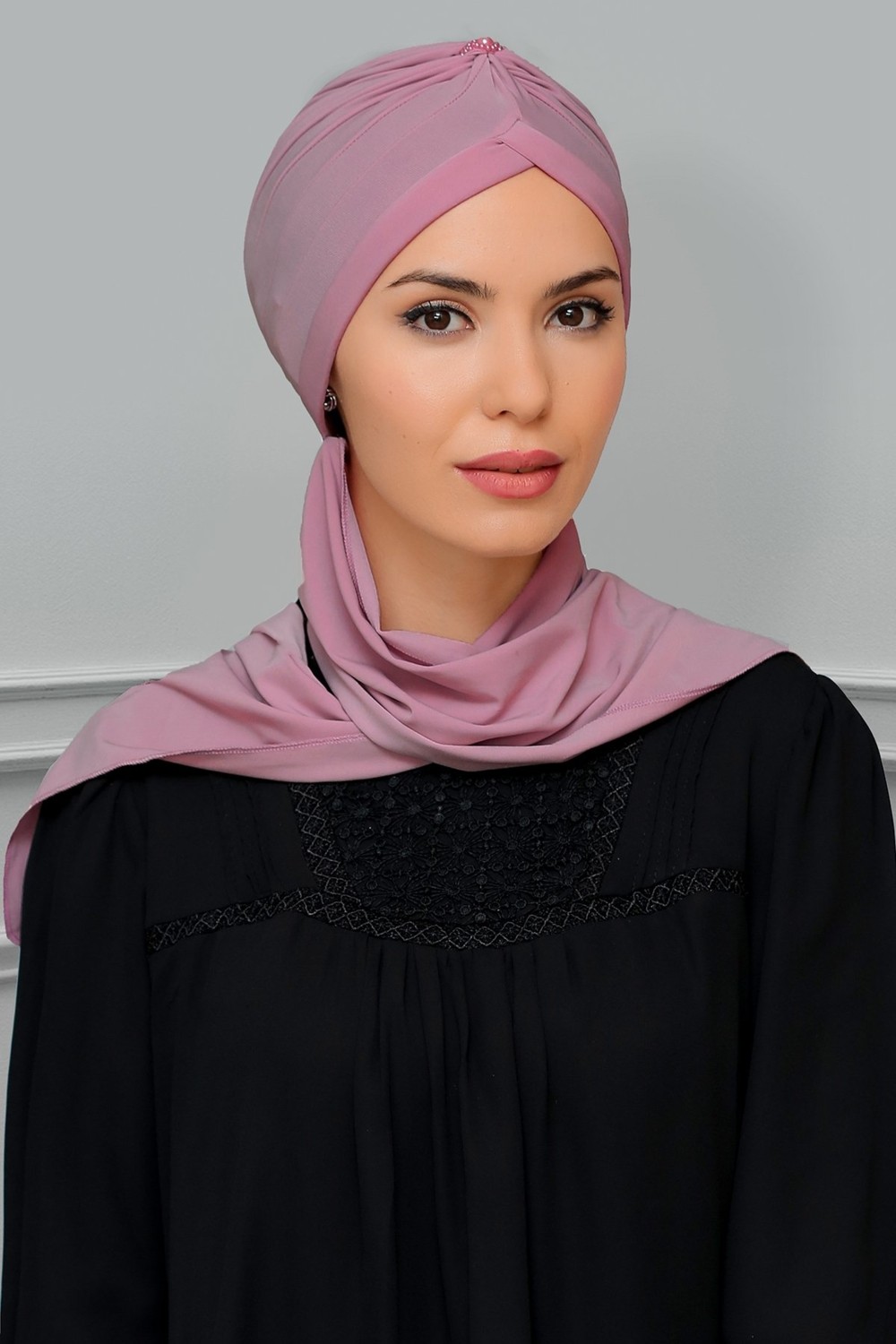 Hürrem Bone Haki Pratik Hazır Geçmeli Tesettür Bone Sandy Kumaş Taçlı Büzgülü Şifon Atkılı 1208A_09 görsel 5