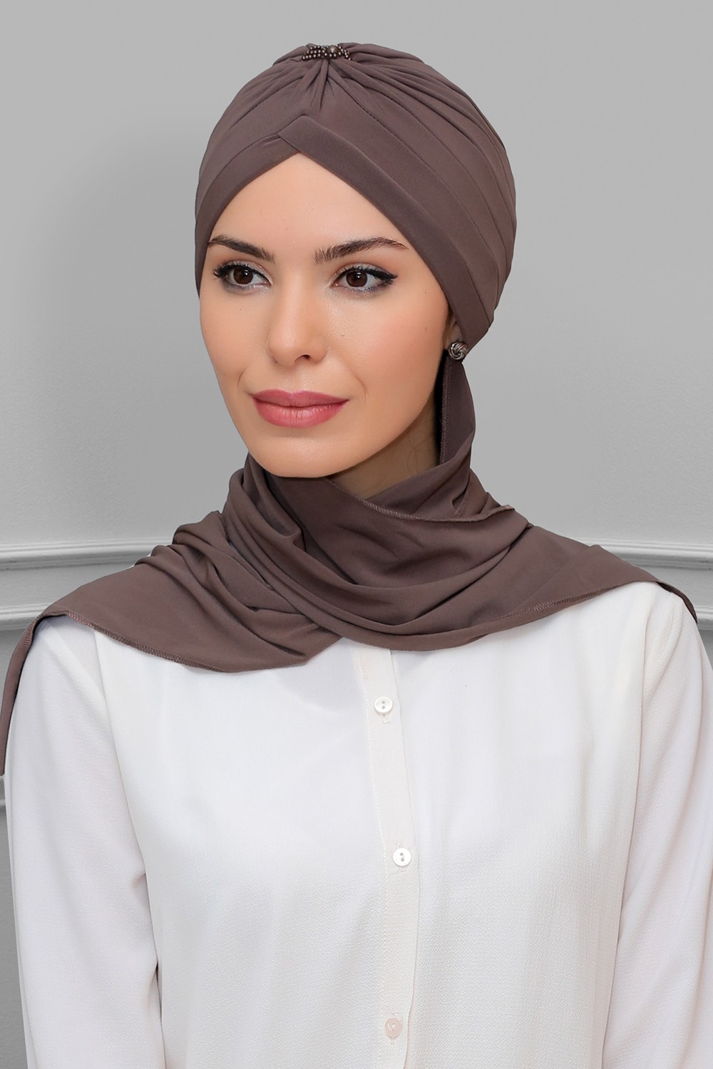 Hürrem Bone Haki Pratik Hazır Geçmeli Tesettür Bone Sandy Kumaş Taçlı Büzgülü Şifon Atkılı 1208A_09 görsel 8