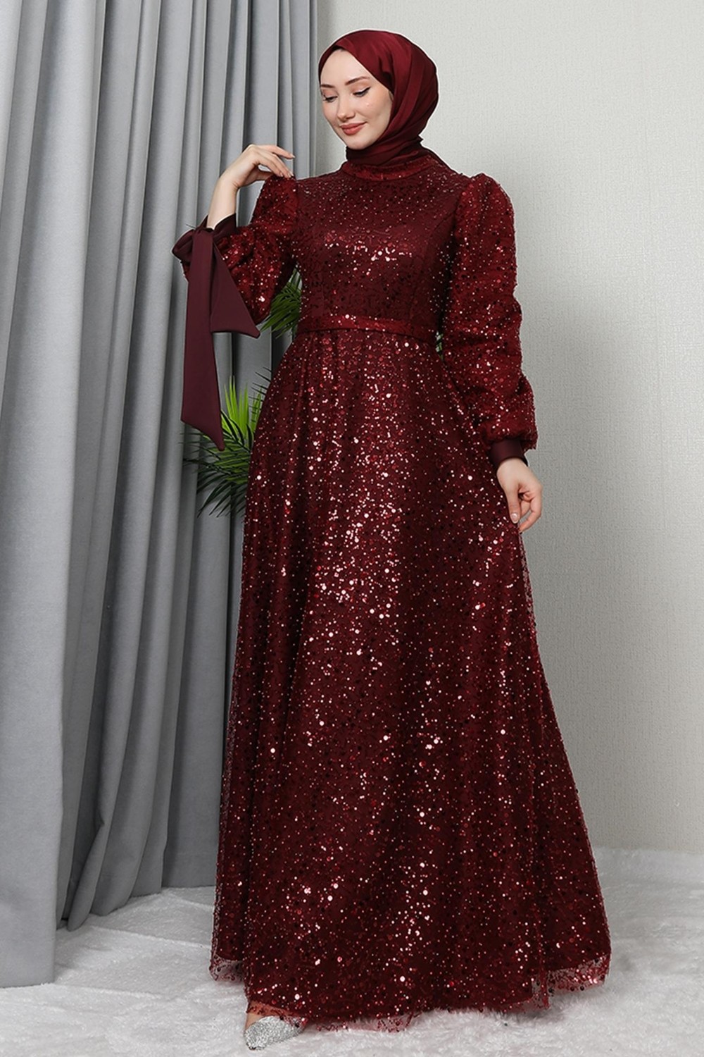 Giza Store Betül Tesettür Abiye Bordo görsel 2
