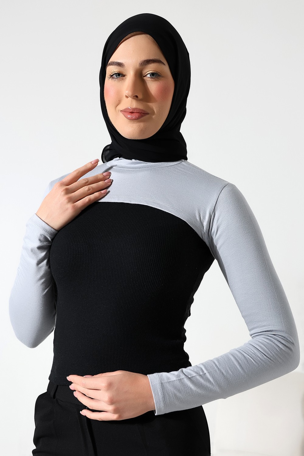 İhvan Online Balıkçı Yaka Tesettür Boyunluklu Kolluk Gri görsel 8