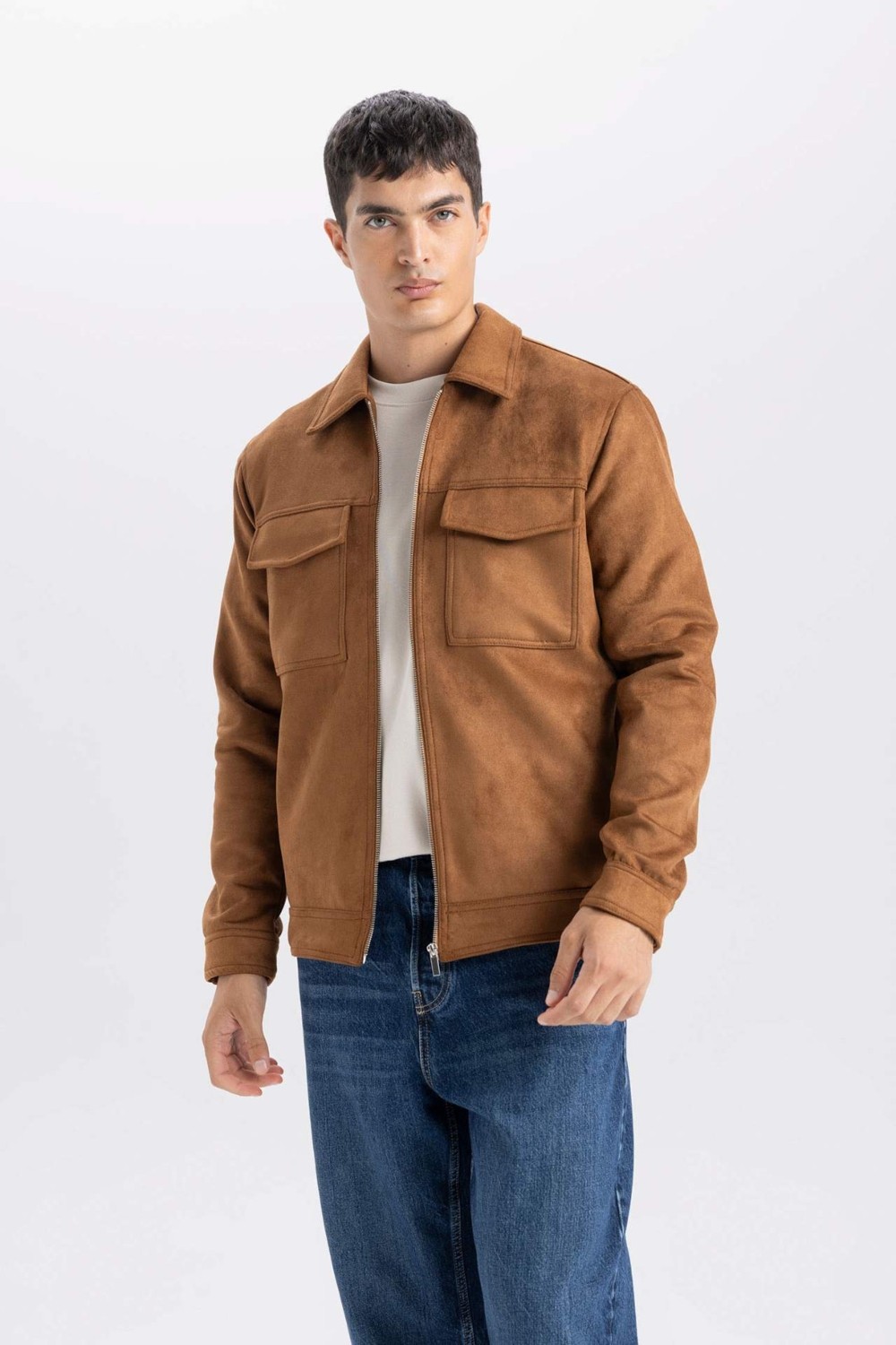 DeFacto Slim Fit Dar Kesim Süet Mont Ceket Gömlek Yaka Cepli Astarlı Y5362AZ24AU görsel 4