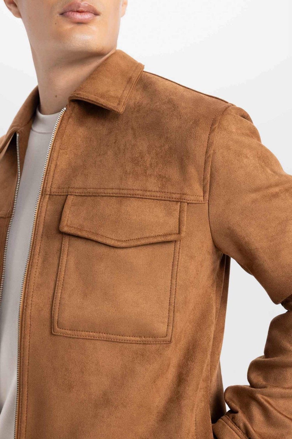 DeFacto Slim Fit Dar Kesim Süet Mont Ceket Gömlek Yaka Cepli Astarlı Y5362AZ24AU görsel 5