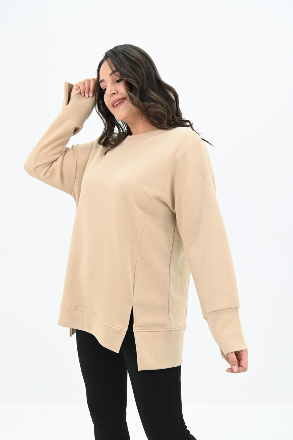 Koza Butik Kadın Büyük Beden Oversize Yırtmaç Detaylı Sweatshirt 1865-25 görsel 3