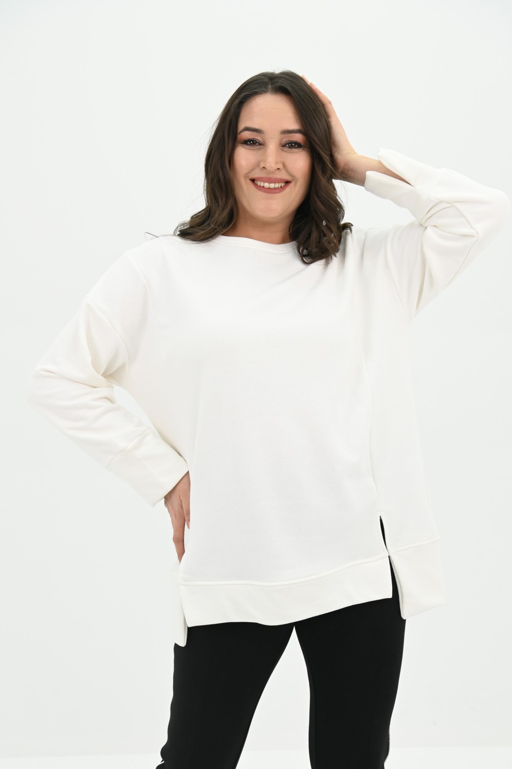 Koza Butik Kadın Büyük Beden Oversize Yırtmaç Detaylı Sweatshirt 1865-25
