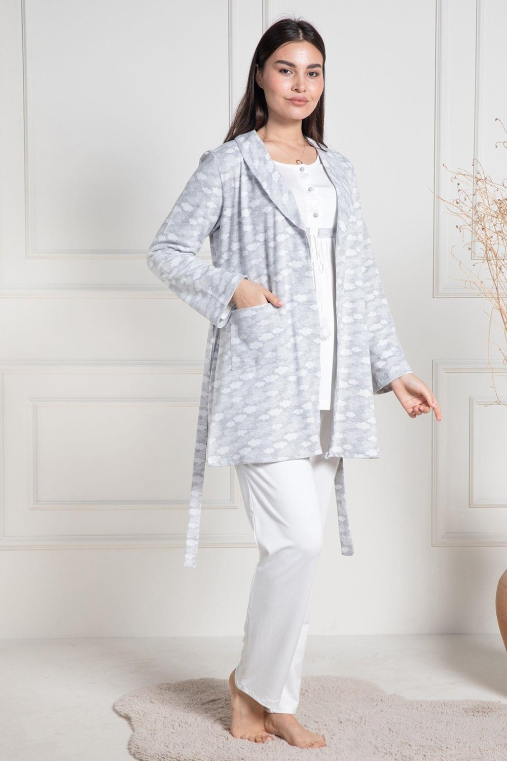 Mecit Pijama Mecit 6100 Gri Sabahlıklı Şardonlu Hamile Lohusa Pijama Takımı