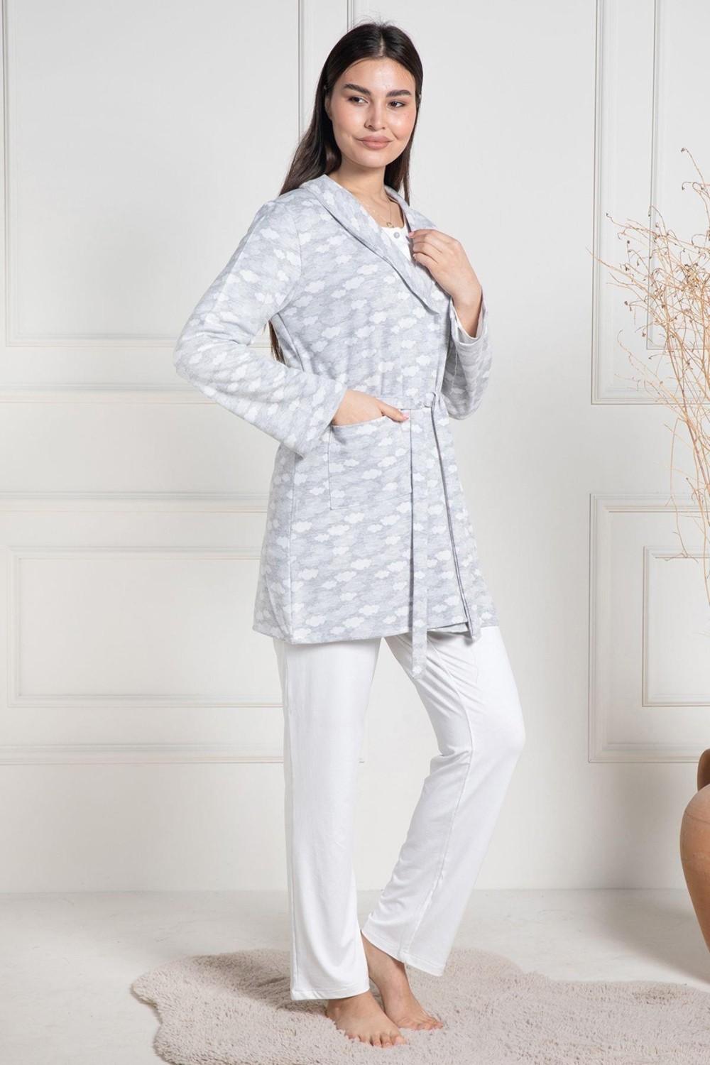 Mecit Pijama Mecit 6100 Gri Sabahlıklı Şardonlu Hamile Lohusa Pijama Takımı görsel 2
