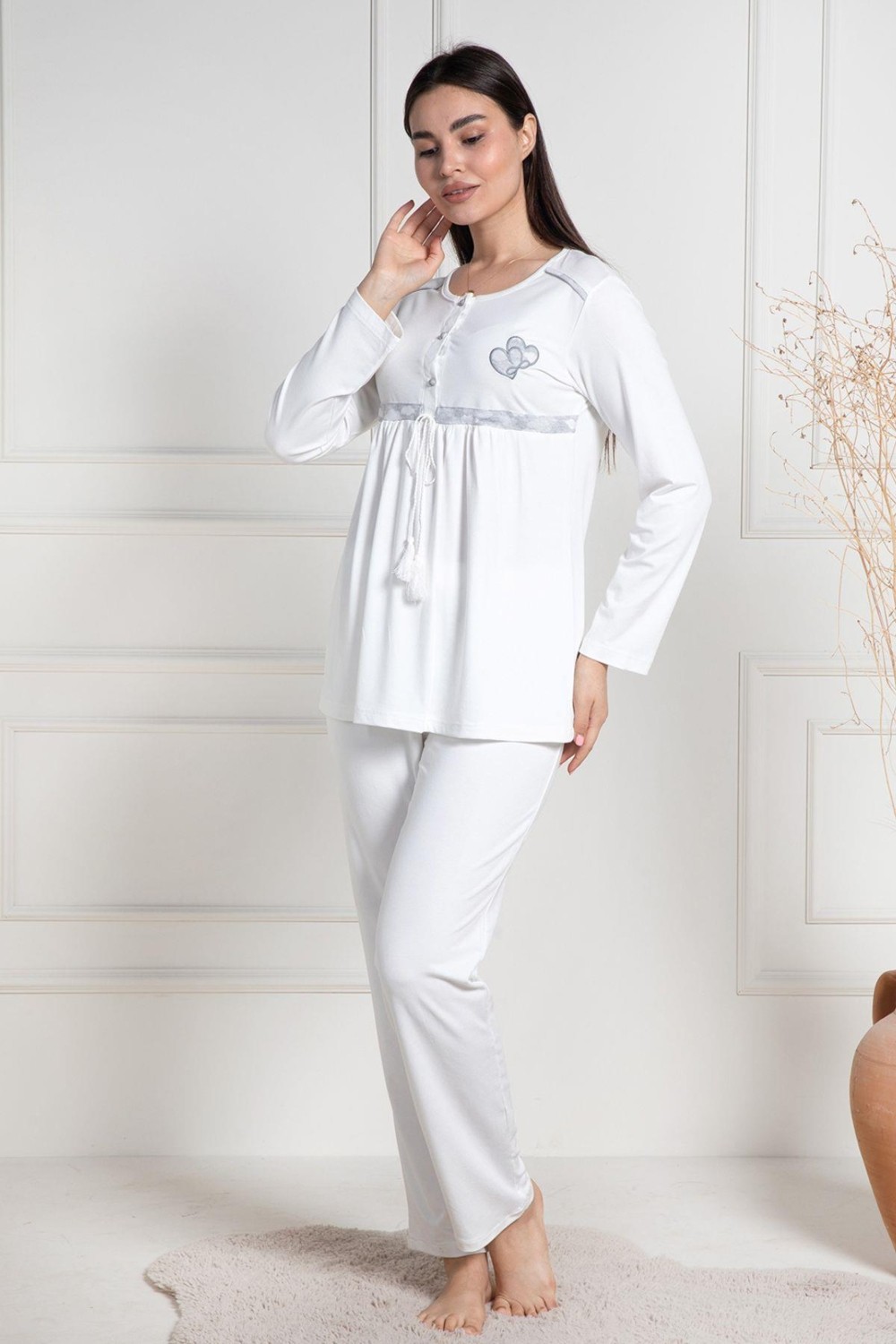Mecit Pijama Mecit 6100 Gri Sabahlıklı Şardonlu Hamile Lohusa Pijama Takımı görsel 4
