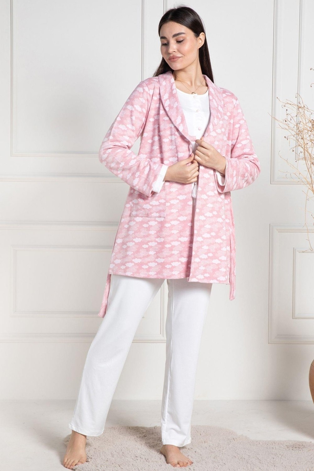 Mecit Pijama Mecit 6100 Pembe Sabahlıklı Şardonlu Hamile Lohusa Pijama Takımı