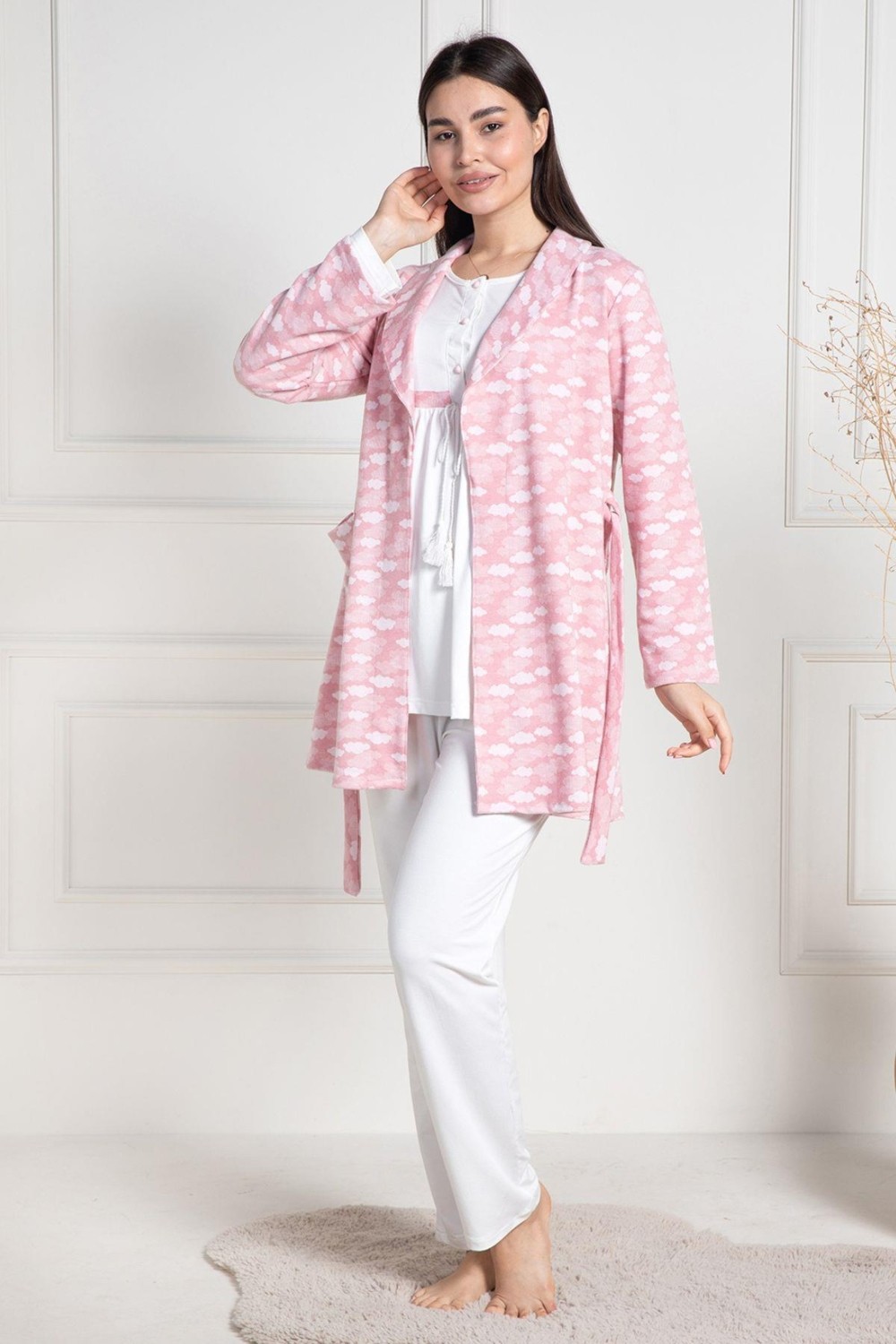 Mecit Pijama Mecit 6100 Pembe Sabahlıklı Şardonlu Hamile Lohusa Pijama Takımı görsel 2