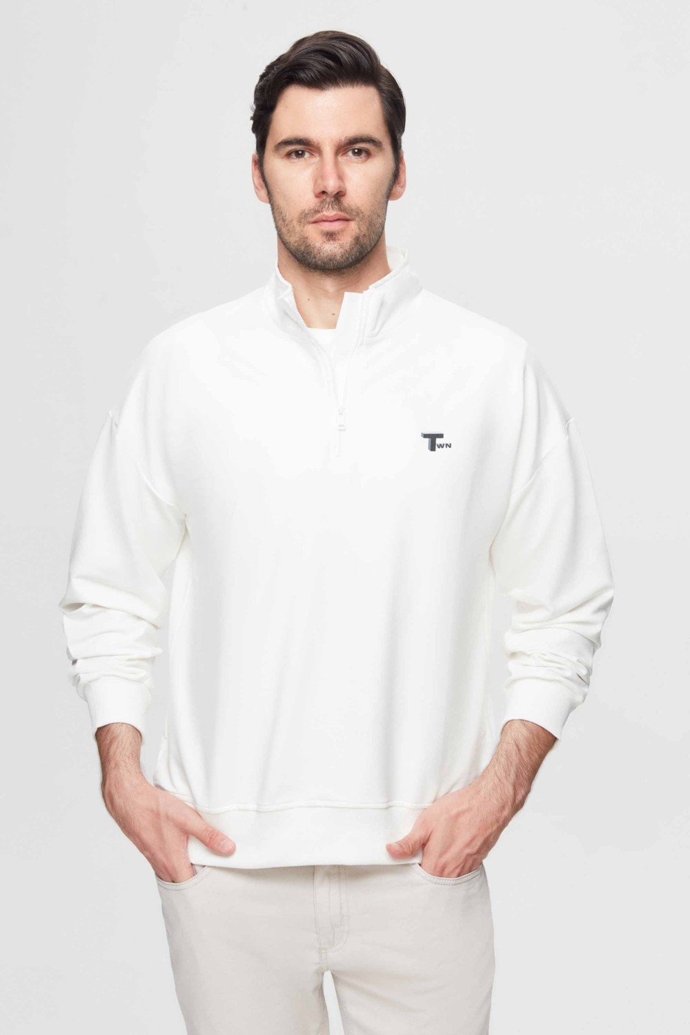 TWN Oversize Ekru Düz Yarım Fermuarlı Pamuklu Mevsimlik Sweatshirt 2ECE25ORT2796
