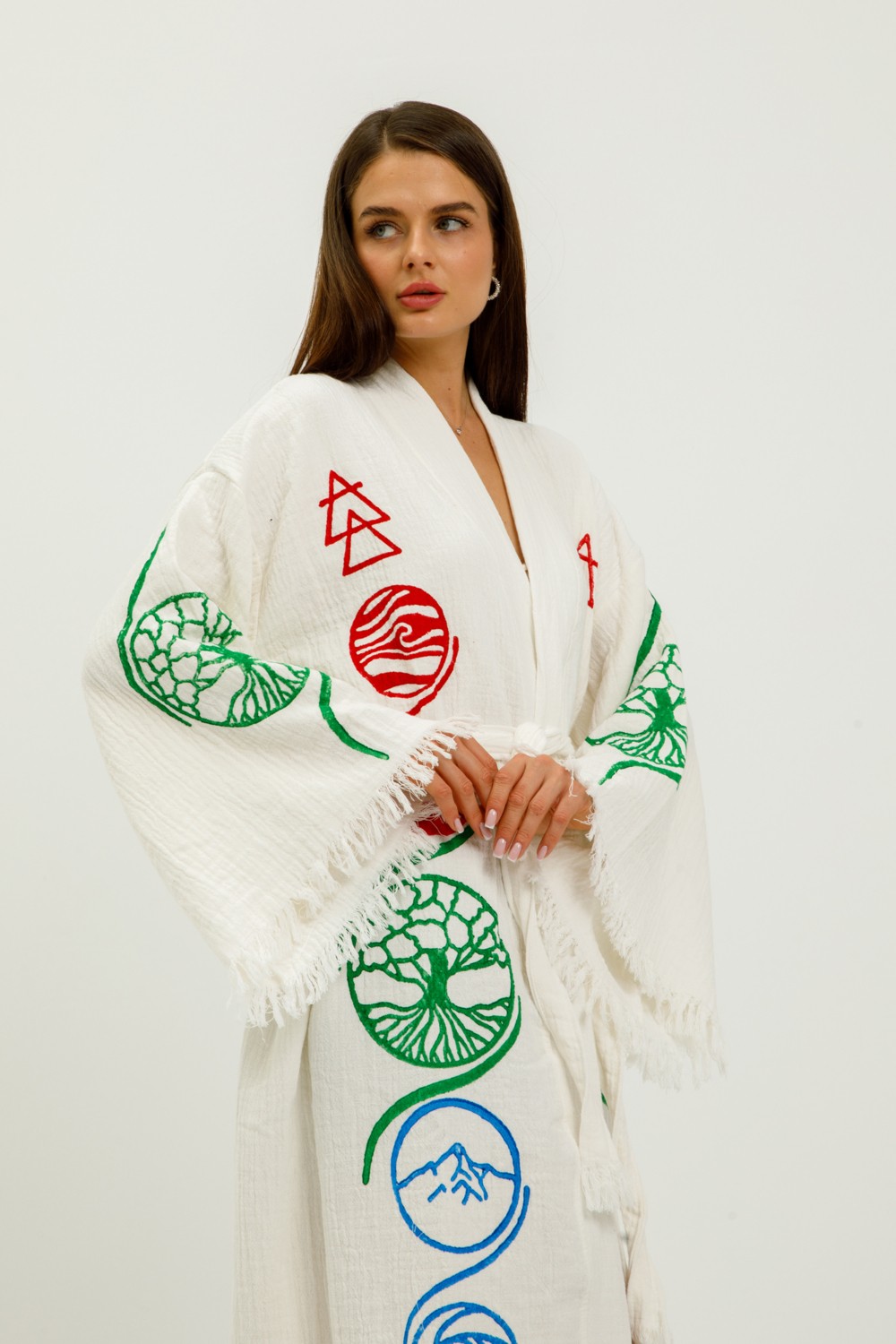 Befera Design Müslin Kimono %100 Pamuklu Hayat Ağacı Baskılı Desenli Bornoz Kaftan Sabahlık