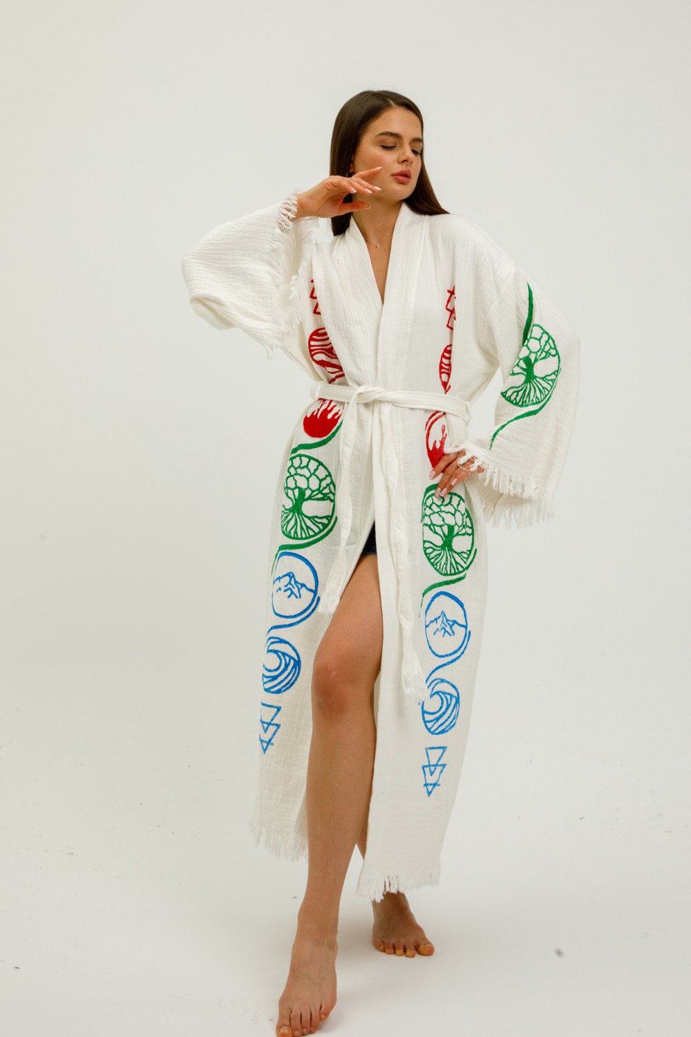 Befera Design Müslin Kimono %100 Pamuklu Hayat Ağacı Baskılı Desenli Bornoz Kaftan Sabahlık görsel 3