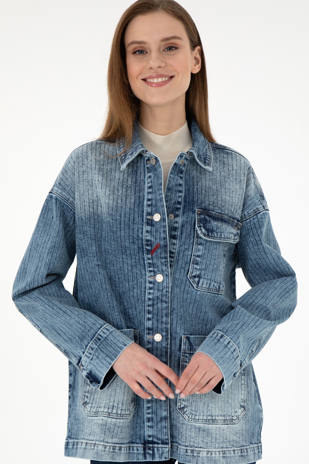 U.S. Polo Assn. Kadın Açık Mavi Jean Tunik Gömlek 50291134-DN0021 görsel 3