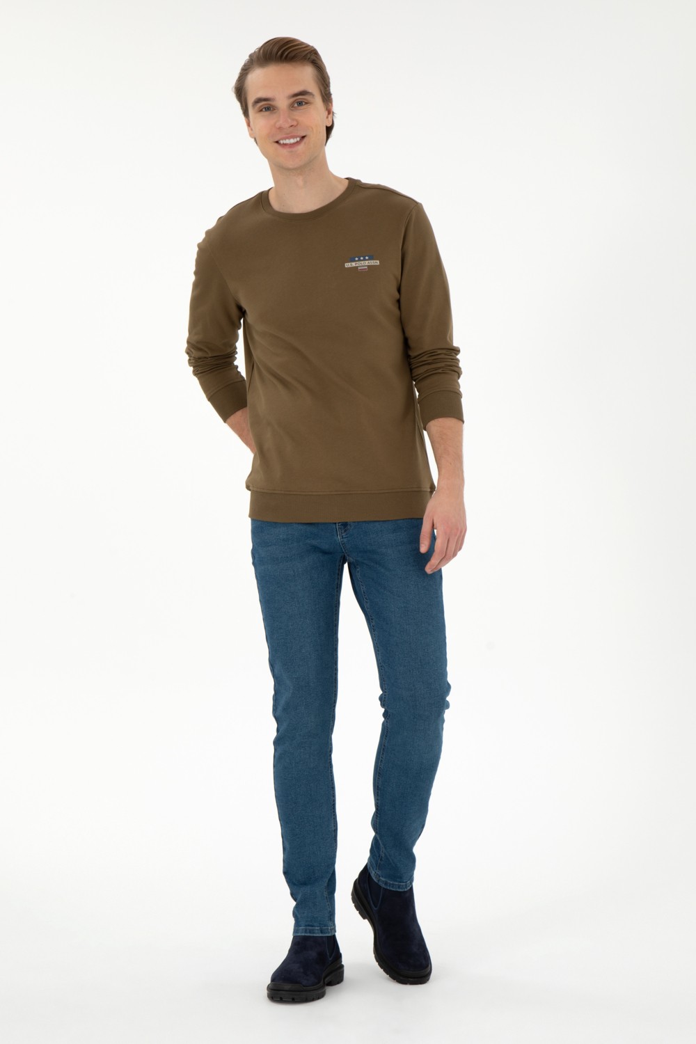 U.S. Polo Assn. Erkek Regular Fit Bisiklet Yaka Haki Sweatshirt 50293742-VR027 görsel 4